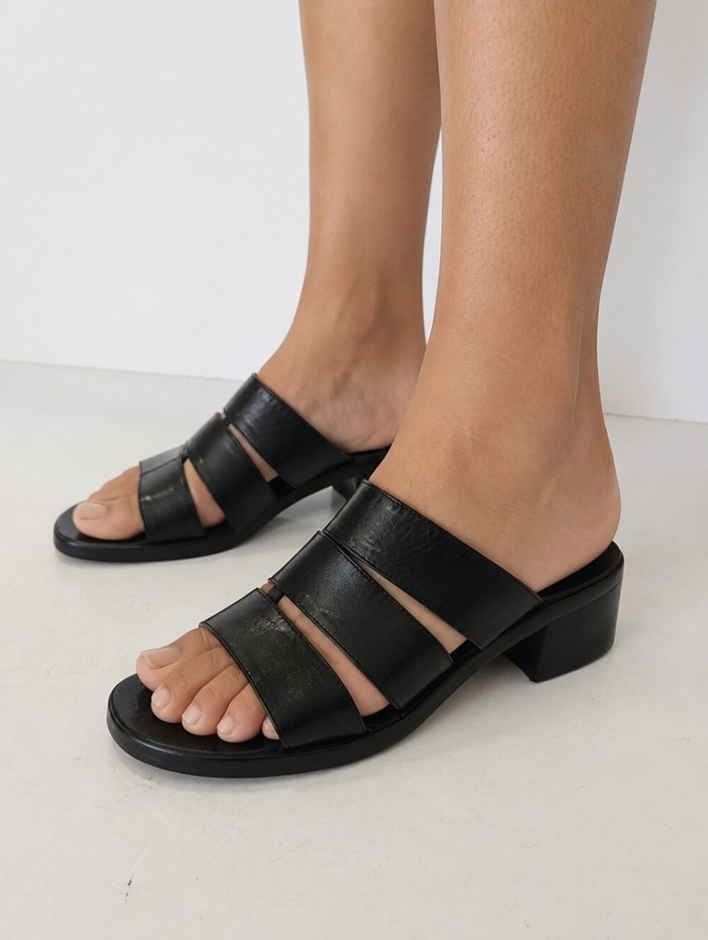 J. Crew Black Triple-Strap Low Block Heel Mules Size 5.5